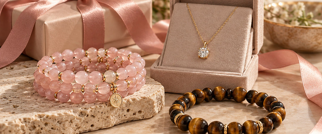 Rose quartz bracelet and gemstone jewelry styled as a thoughtful gift with blush ribbon and ivory packaging