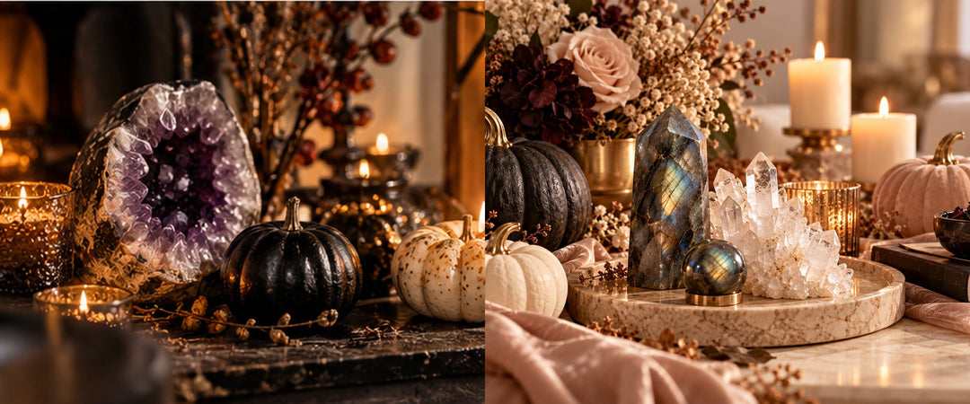 Elegant Halloween home decor with amethyst crystals, candlelight, pumpkins and autumn flowers