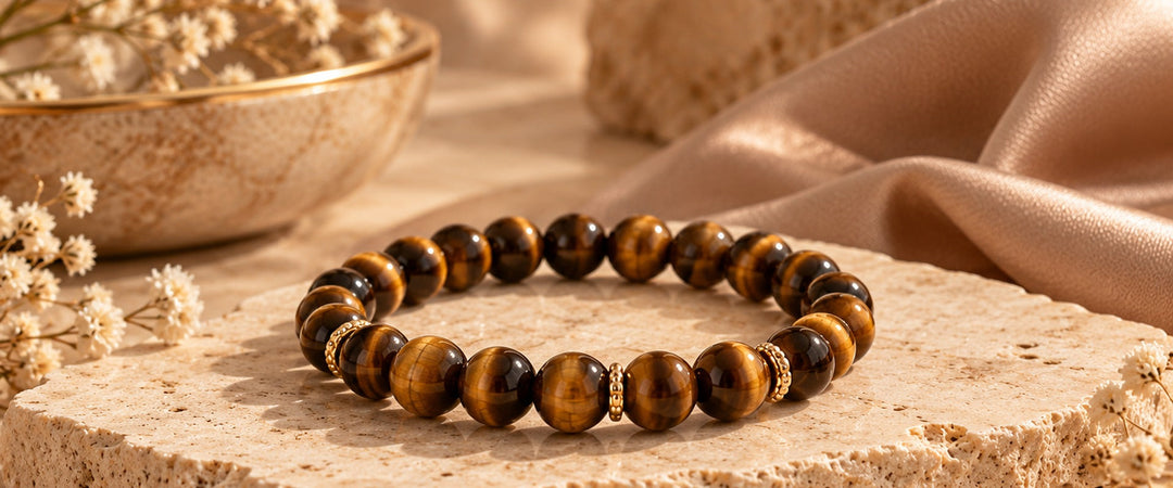 Golden brown tiger eye gemstone bracelet styled on warm travertine with soft neutral textiles
