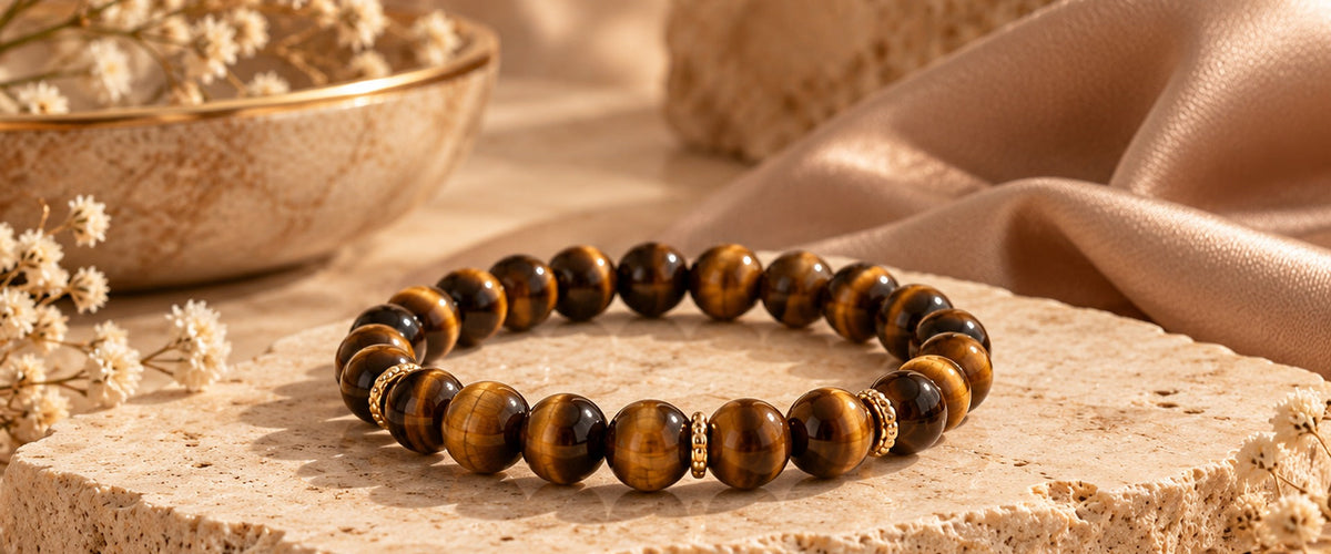Golden brown tiger eye gemstone bracelet styled on warm travertine with soft neutral textiles