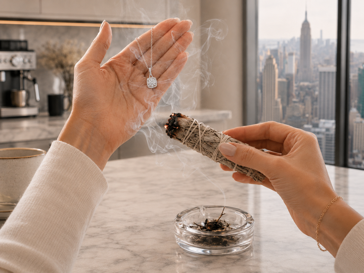Moissanite pendant necklace being cleansed with sage smoke over a modern marble kitchen counter with a New York skyline view.