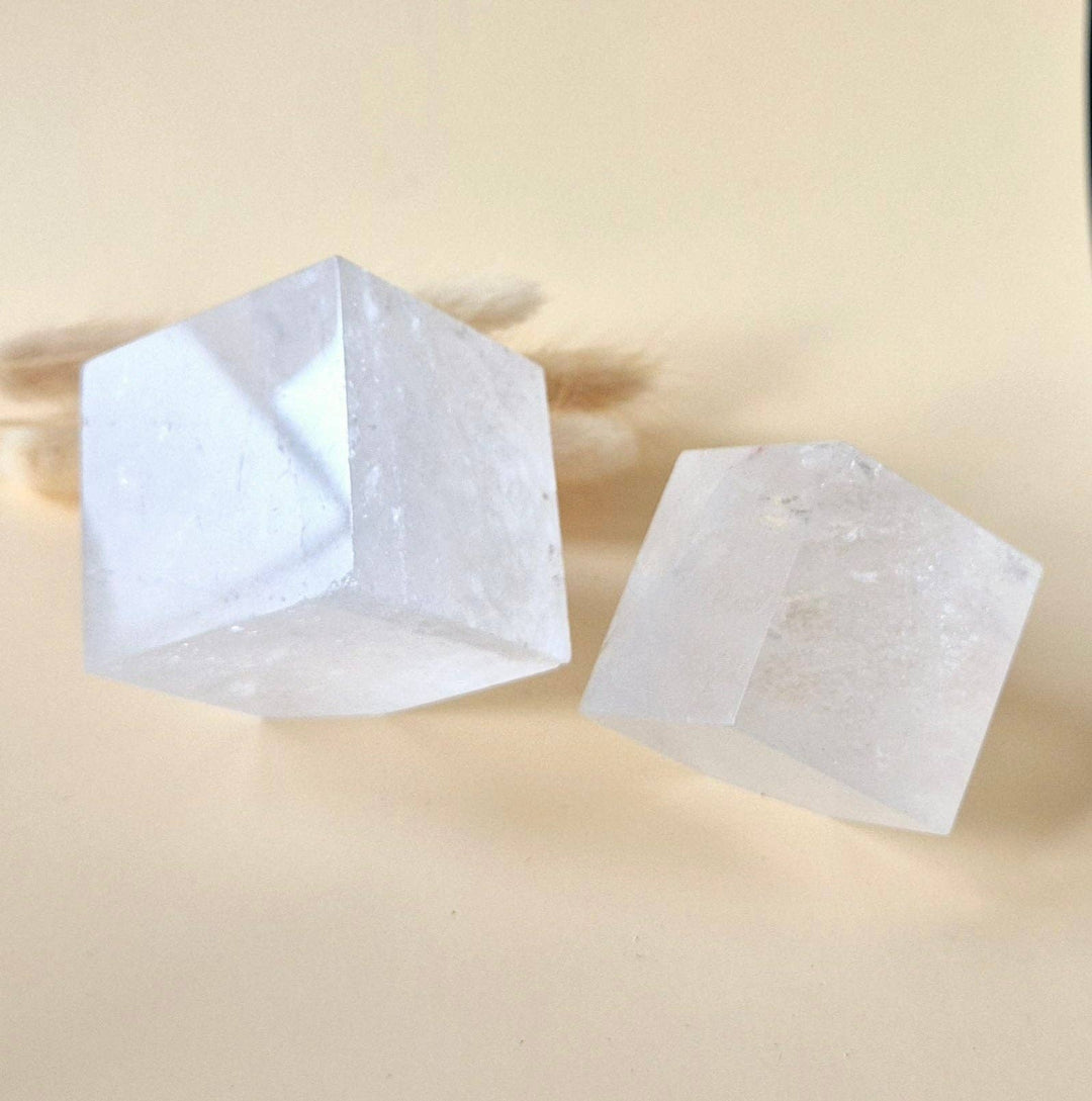 Natural clear quartz cubes with rainbow flash (set of 2)