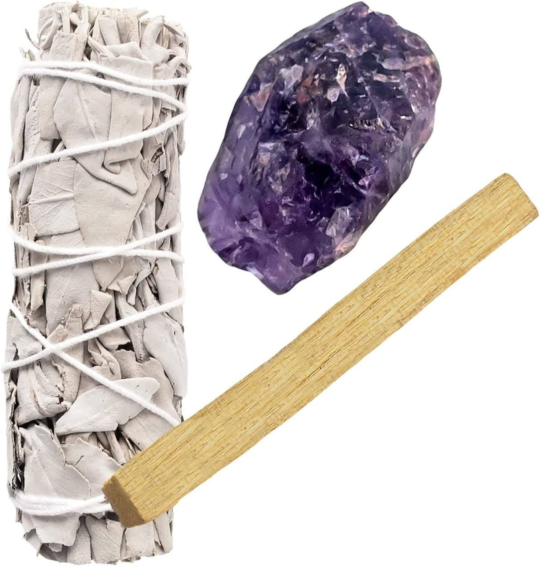 Bundeltje van witte salie, ruwe amethist en Palo Santo