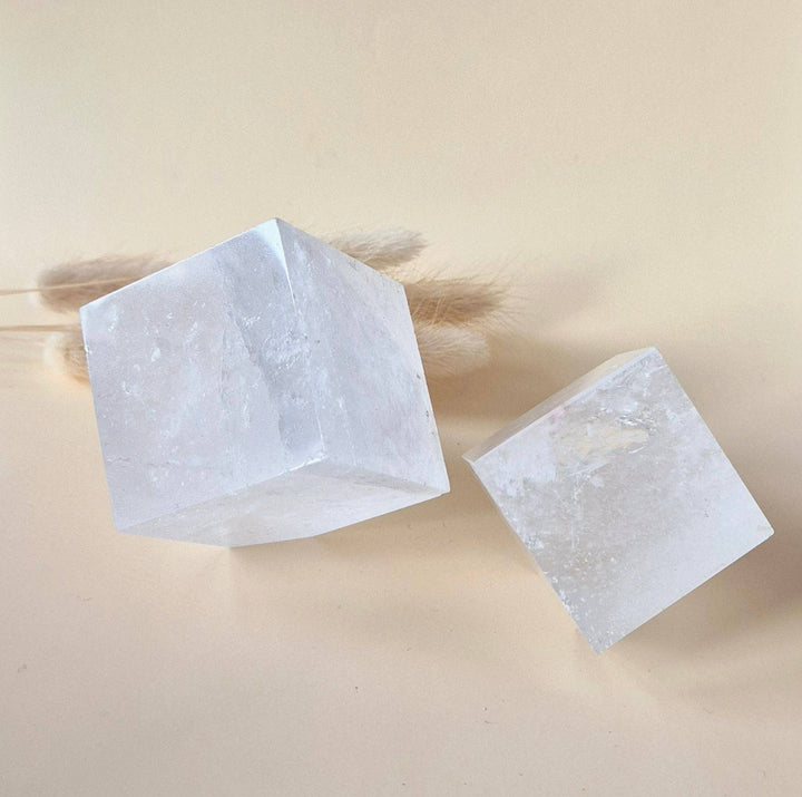 Natural clear quartz cubes with rainbow flash (set of 2)