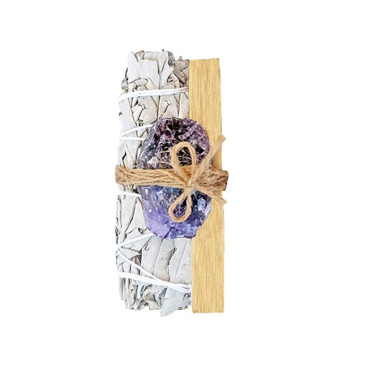 Bundeltje van witte salie, ruwe amethist en Palo Santo