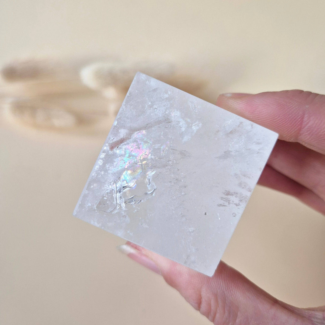 Natural clear quartz cubes with rainbow flash (set of 2)