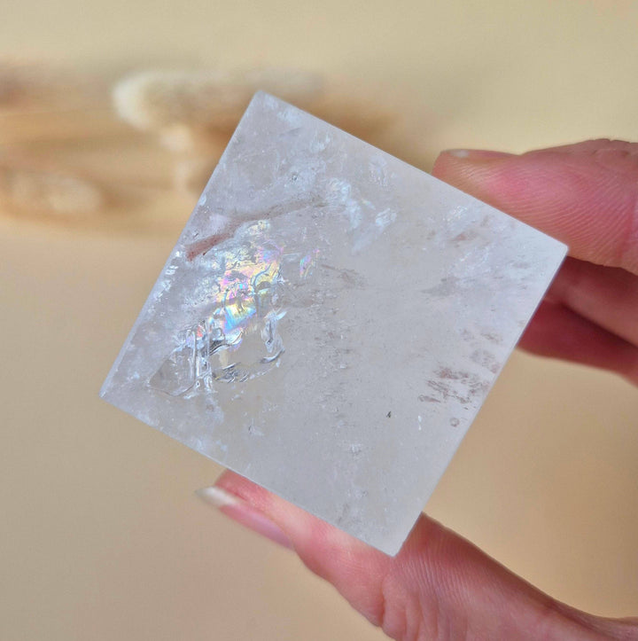 Natural clear quartz cubes with rainbow flash (set of 2)