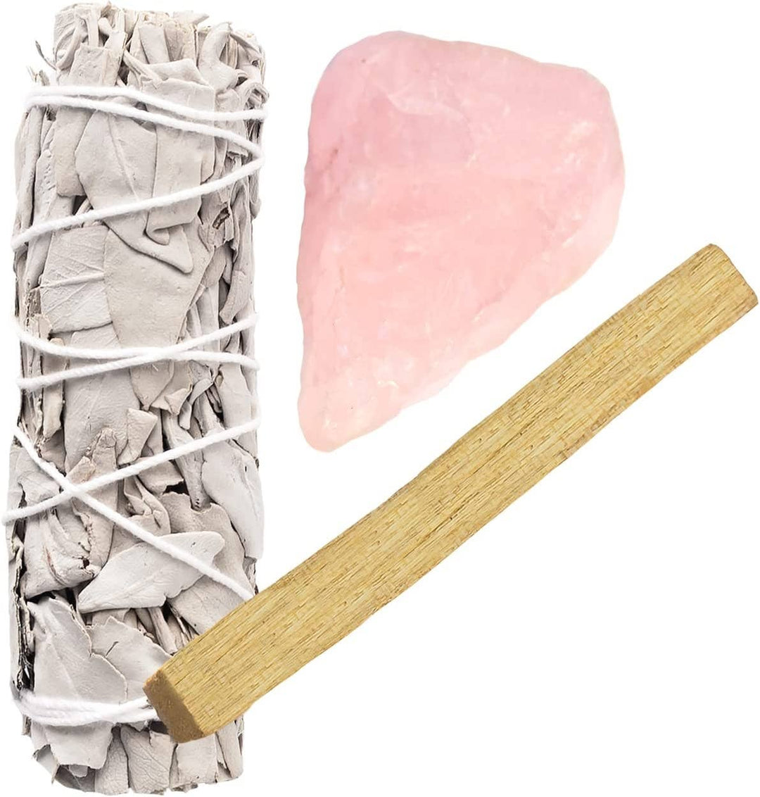 Witte salie, ruwe rozenkwarts, Palo Santo-bundel