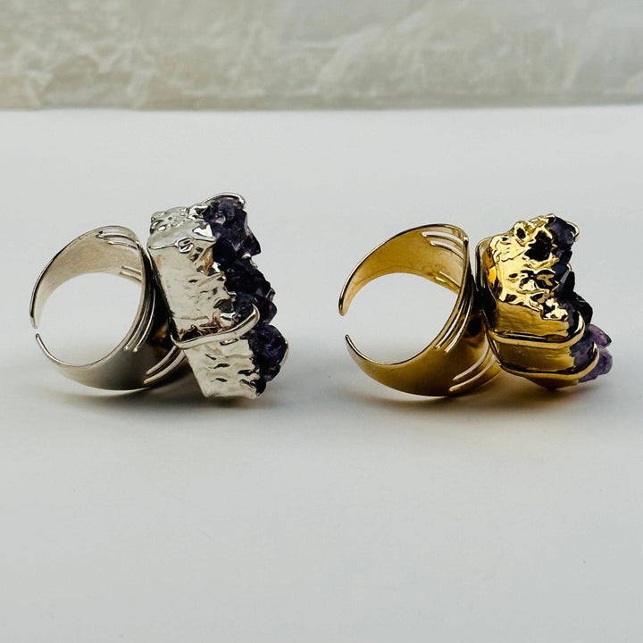 Amethist druzy ring in zilver en goud met unieke, natuurlijke kristalstructuren